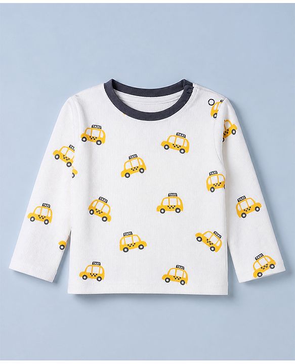 Babyhug Cotton Knit Rib Fabric Full Sleeves Co-ord T-Shirt & Pajama Night Suit with Vehicle Print - Yellow