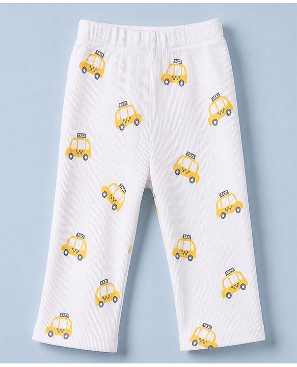 Babyhug Cotton Knit Rib Fabric Full Sleeves Co-ord T-Shirt & Pajama Night Suit with Vehicle Print - Yellow