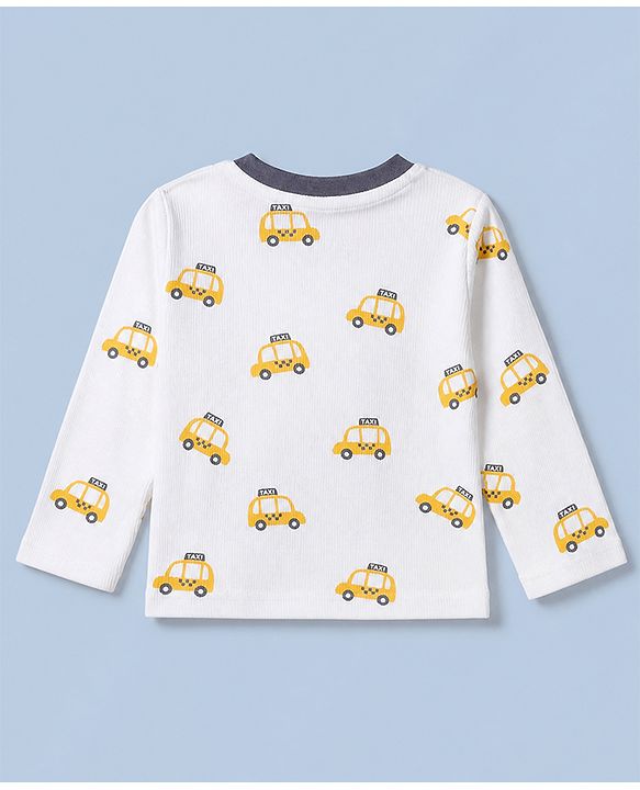 Babyhug Cotton Knit Rib Fabric Full Sleeves Co-ord T-Shirt & Pajama Night Suit with Vehicle Print - Yellow