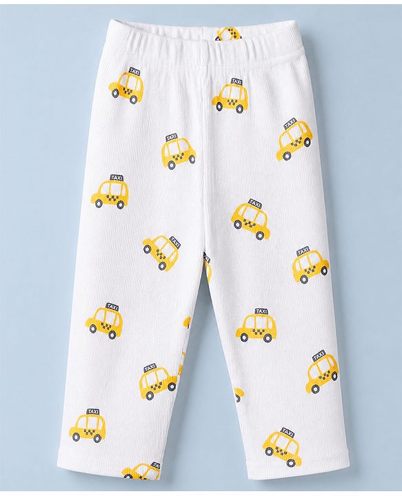 Babyhug Cotton Knit Rib Fabric Full Sleeves Co-ord T-Shirt & Pajama Night Suit with Vehicle Print - Yellow