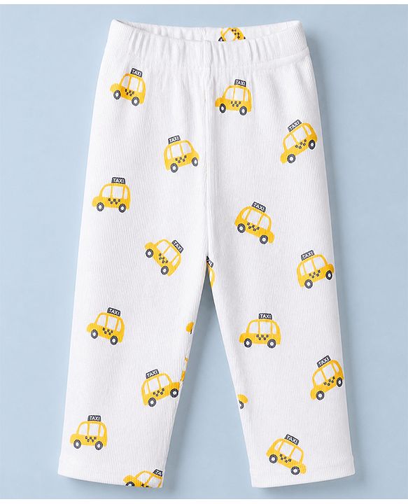 Babyhug Cotton Knit Rib Fabric Full Sleeves Co-ord T-Shirt & Pajama Night Suit with Vehicle Print - Yellow