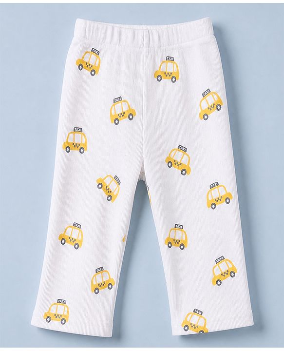 Babyhug Cotton Knit Rib Fabric Full Sleeves Co-ord T-Shirt & Pajama Night Suit with Vehicle Print - Yellow