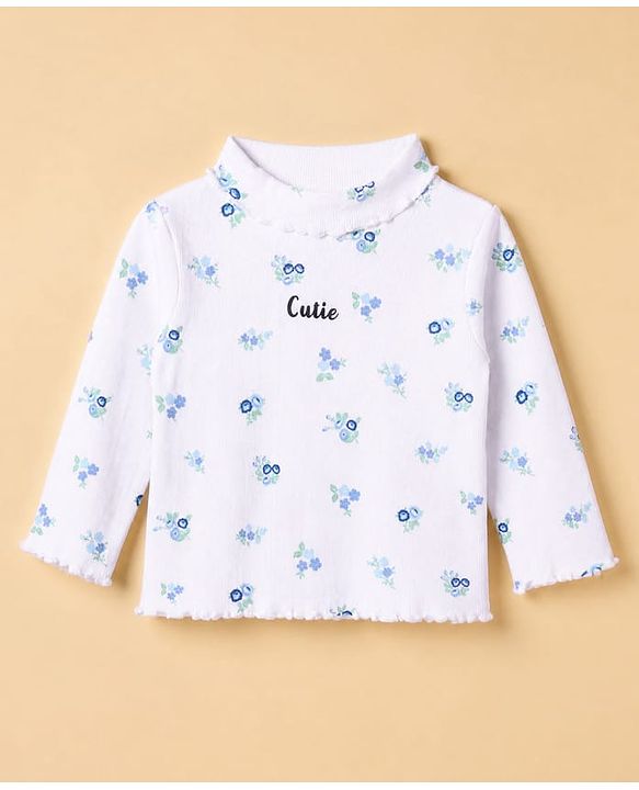 Babyhug Cotton Lycra Knit Skivi Winter T-Shirts with Full Sleeves and Cutie Text with Floral Print - White