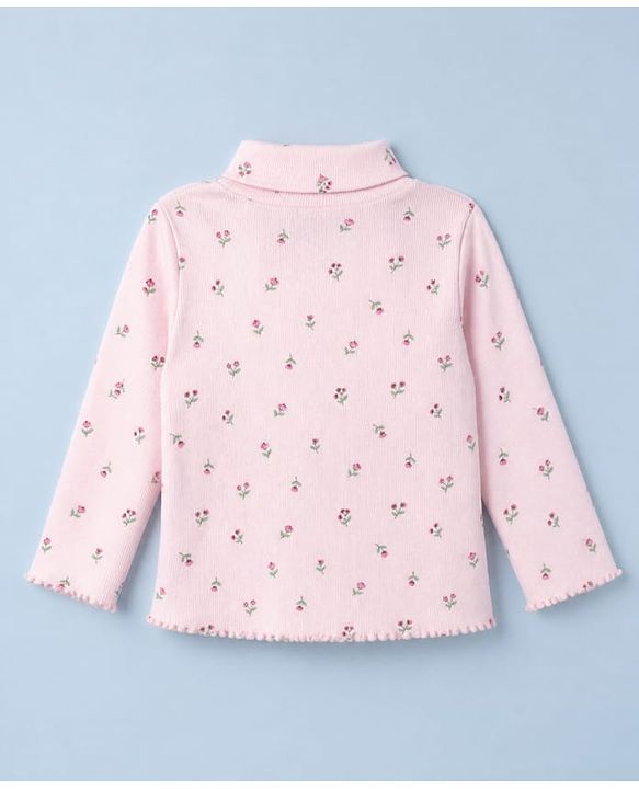 Babyhug Cotton Lycra Knit Skivi Winter T-Shirts with Full Sleeves and Adorable Embroidery with Floral Print - Pink