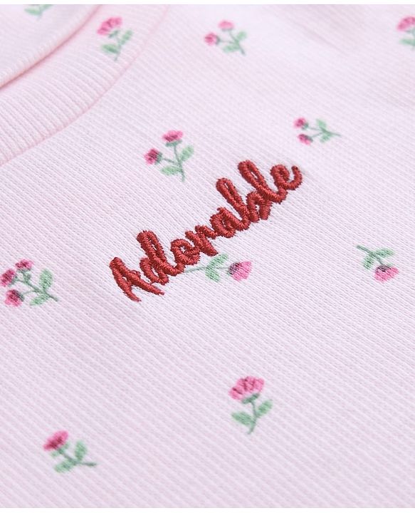 Babyhug Cotton Lycra Knit Skivi Winter T-Shirts with Full Sleeves and Adorable Embroidery with Floral Print - Pink