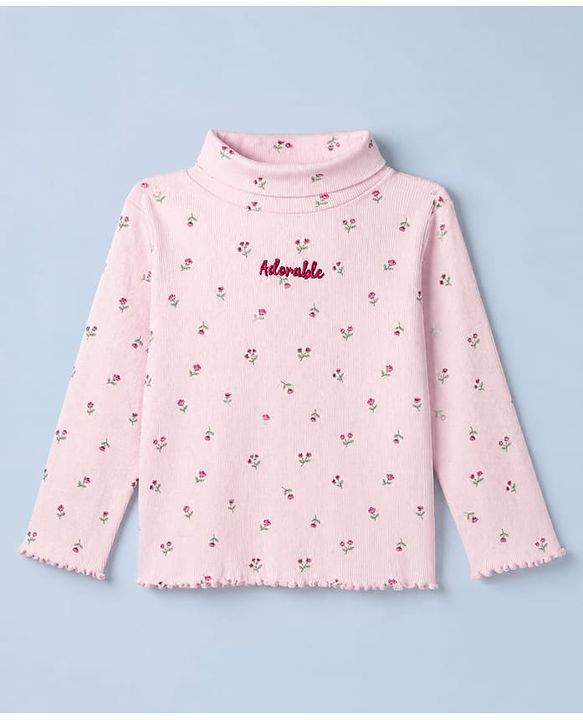 Babyhug Cotton Lycra Knit Skivi Winter T-Shirts with Full Sleeves and Adorable Embroidery with Floral Print - Pink