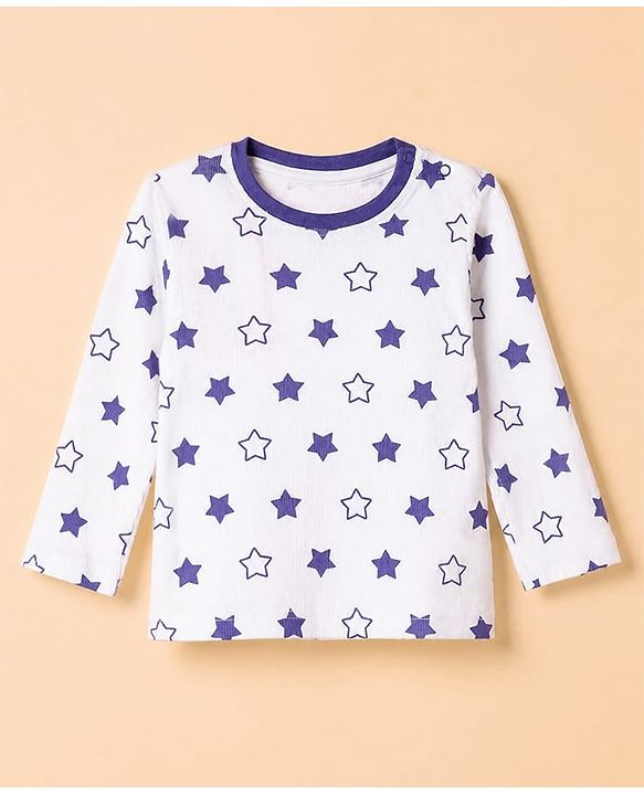 Babyhug Cotton Knit Rib Fabric Full Sleeves Pyjama Co-Ords Set With Star Print - White