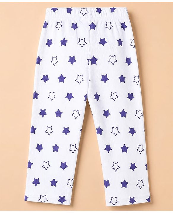 Babyhug Cotton Knit Rib Fabric Full Sleeves Pyjama Co-Ords Set With Star Print - White