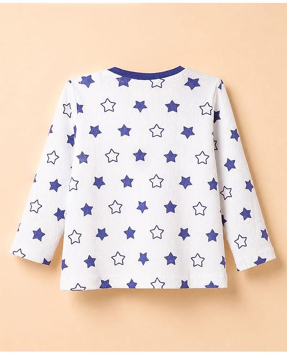 Babyhug Cotton Knit Rib Fabric Full Sleeves Pyjama Co-Ords Set With Star Print - White