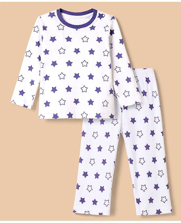 Babyhug Cotton Knit Rib Fabric Full Sleeves Pyjama Co-Ords Set With Star Print - White