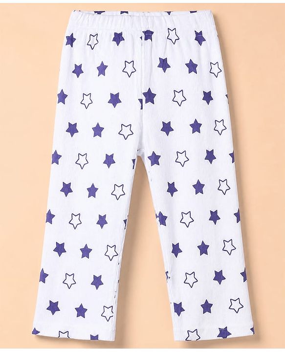 Babyhug Cotton Knit Rib Fabric Full Sleeves Pyjama Co-Ords Set With Star Print - White