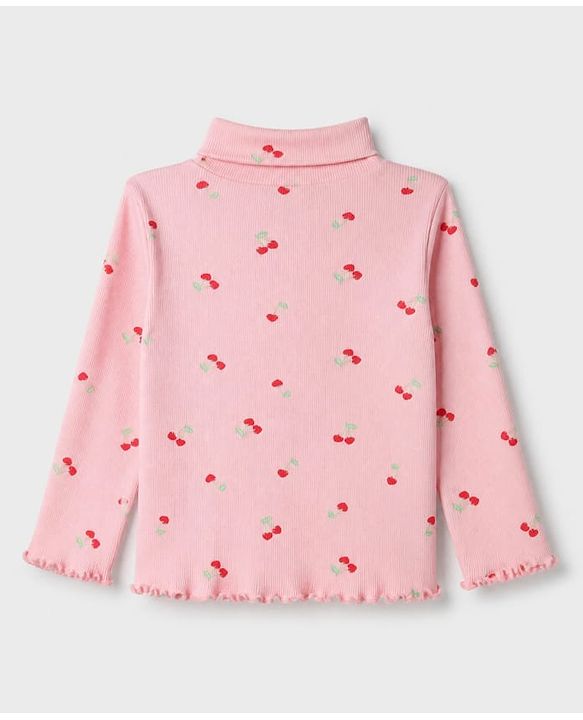 Babyhug Cotton Lycra Knit Winter T-Shirt with Turtle Neck & Full Sleeves with Pretty Embroidered Text & Cherry Print - Pink