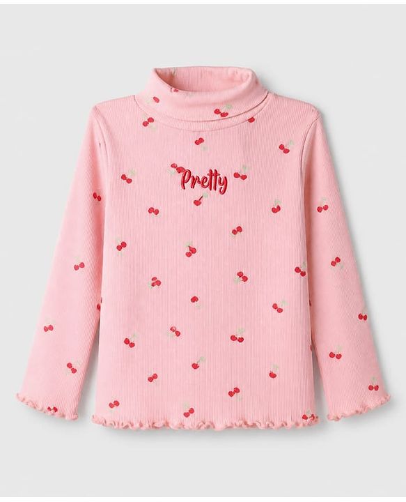 Babyhug Cotton Lycra Knit Winter T-Shirt with Turtle Neck & Full Sleeves with Pretty Embroidered Text & Cherry Print - Pink