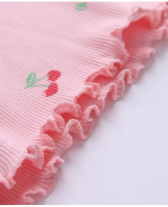 Babyhug Cotton Lycra Knit Winter T-Shirt with Turtle Neck & Full Sleeves with Pretty Embroidered Text & Cherry Print - Pink