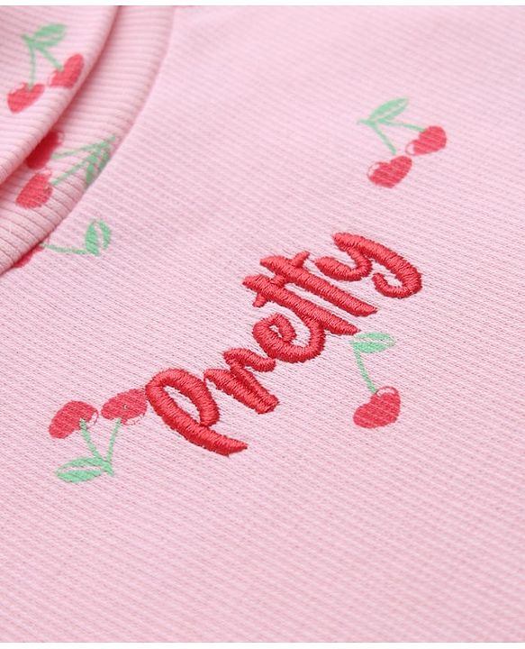 Babyhug Cotton Lycra Knit Winter T-Shirt with Turtle Neck & Full Sleeves with Pretty Embroidered Text & Cherry Print - Pink