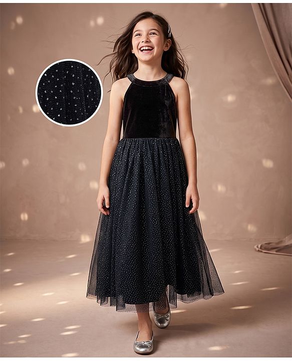 Pine Kids Mesh Woven Sleeveless Party Dress With Glitter Print - Black