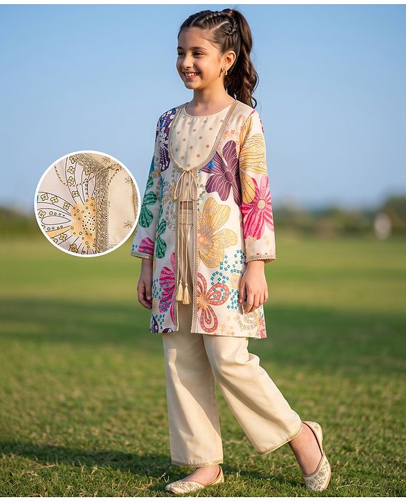 Pine Kids Woven Full Sleeves Indo Western Set With Floral Embroidery & Print - Beige