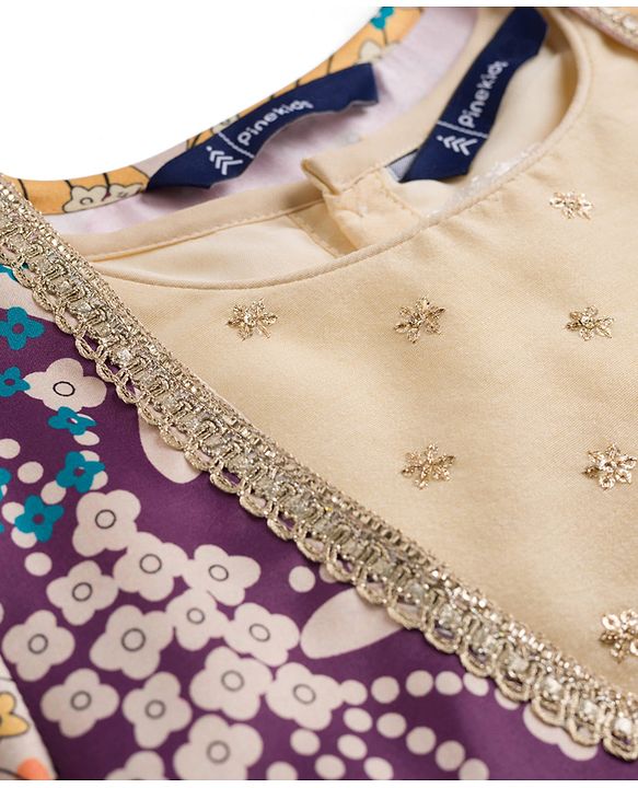 Pine Kids Woven Full Sleeves Indo Western Set With Floral Embroidery & Print - Beige