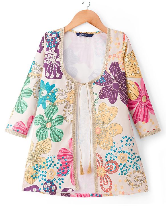 Pine Kids Woven Full Sleeves Indo Western Set With Floral Embroidery & Print - Beige