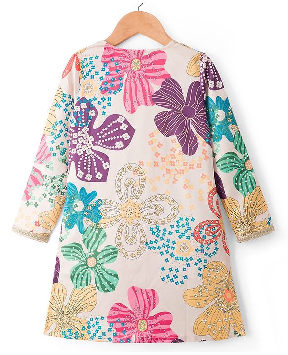 Pine Kids Woven Full Sleeves Indo Western Set With Floral Embroidery & Print - Beige