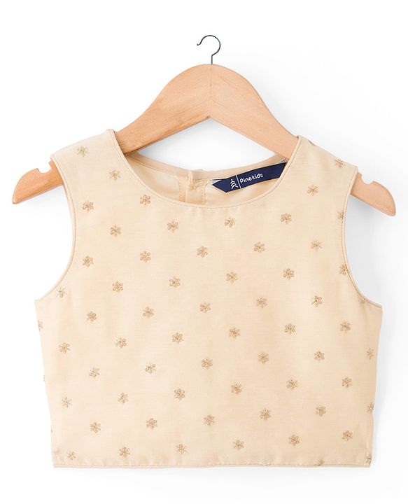 Pine Kids Woven Full Sleeves Indo Western Set With Floral Embroidery & Print - Beige
