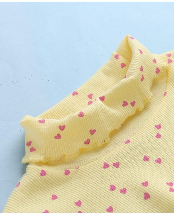 Babyhug Cotton Lycra Knit Skivi Winter T-Shirt with Full Sleeves and Frill Details with Hearts Print - Yellow