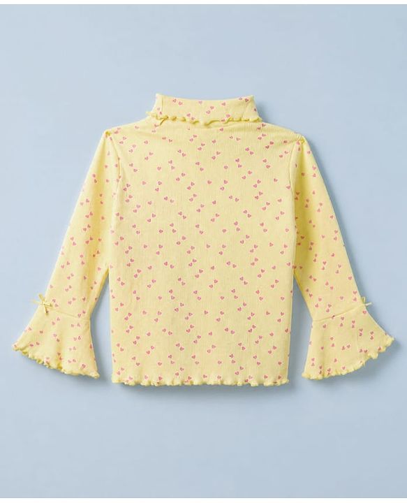 Babyhug Cotton Lycra Knit Skivi Winter T-Shirt with Full Sleeves and Frill Details with Hearts Print - Yellow