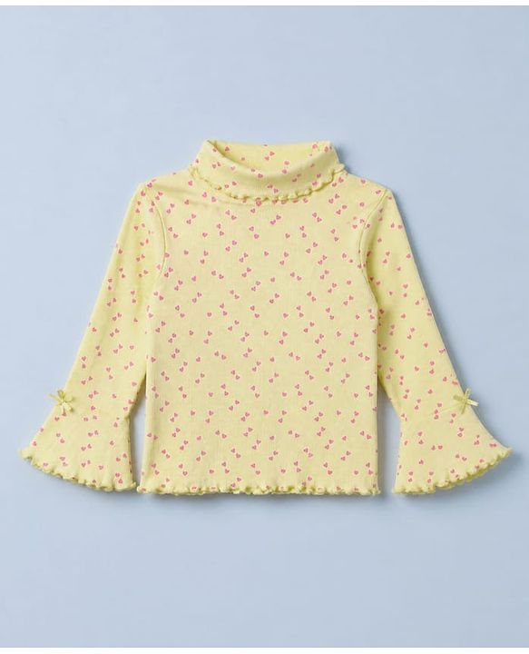 Babyhug Cotton Lycra Knit Skivi Winter T-Shirt with Full Sleeves and Frill Details with Hearts Print - Yellow