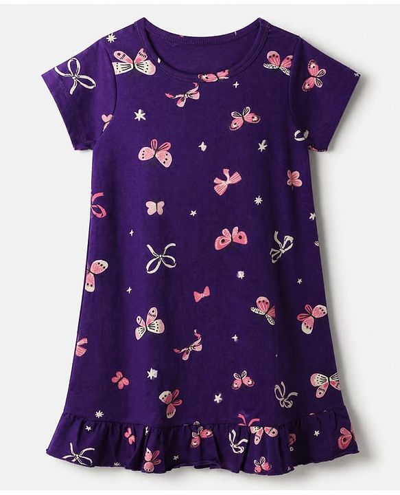 Pine Kids 100% Cotton Knit Bio Washed Single Jersery 180 Gsm Half Sleeves Nighty with Bow & Butterfly Print - Violet