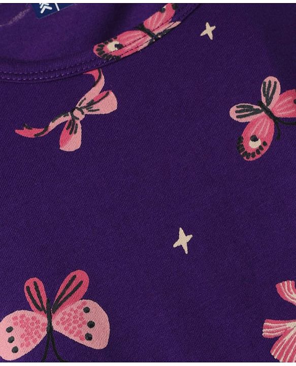 Pine Kids 100% Cotton Knit Bio Washed Single Jersery 180 Gsm Half Sleeves Nighty with Bow & Butterfly Print - Violet