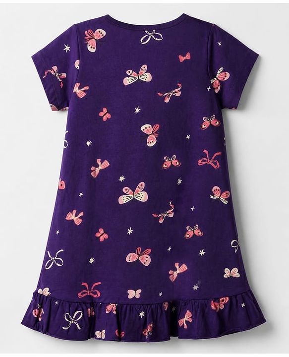 Pine Kids 100% Cotton Knit Bio Washed Single Jersery 180 Gsm Half Sleeves Nighty with Bow & Butterfly Print - Violet