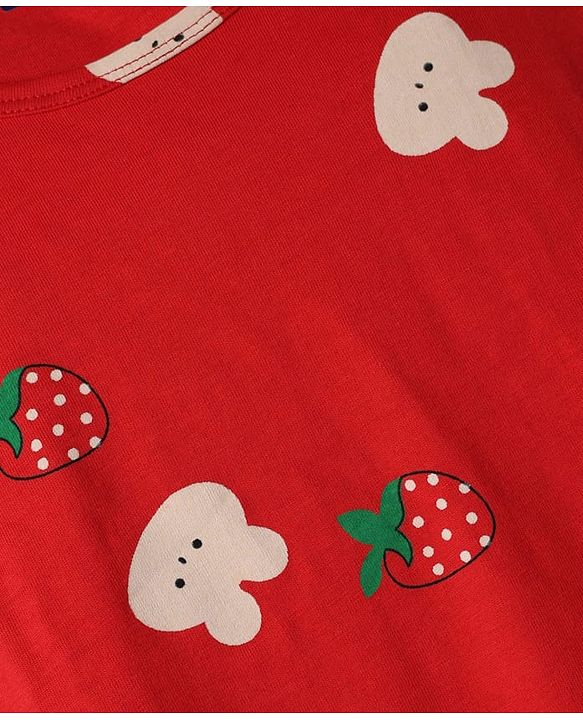 Pine Kids 100% Cotton Knit Half Sleeves Nighty With Strawberry Print - Red