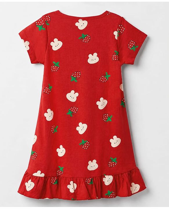 Pine Kids 100% Cotton Knit Half Sleeves Nighty With Strawberry Print - Red