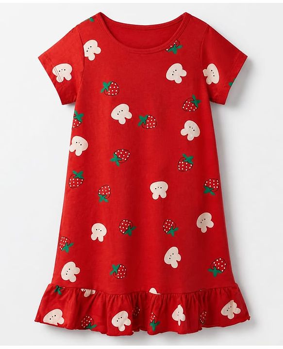 Pine Kids 100% Cotton Knit Half Sleeves Nighty With Strawberry Print - Red