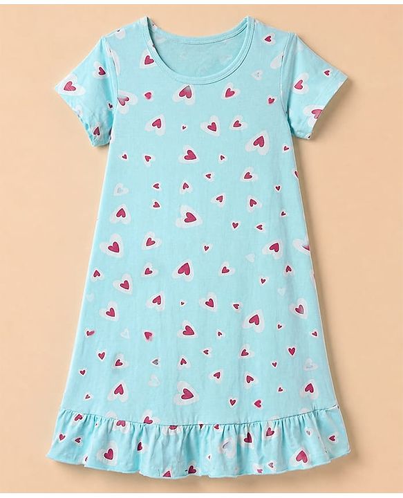 Pine Kids 100% Cotton Single Jersery 180 Gsm Knit Half Sleeves Nighty With Heart Print & Bio Finish - Blue