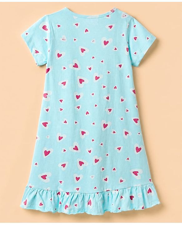 Pine Kids 100% Cotton Single Jersery 180 Gsm Knit Half Sleeves Nighty With Heart Print & Bio Finish - Blue