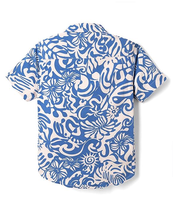 Pine Kids 100% Cotton Woven Half Sleeves Shirt and Denim Shorts with Floral and Sun Print - Blue