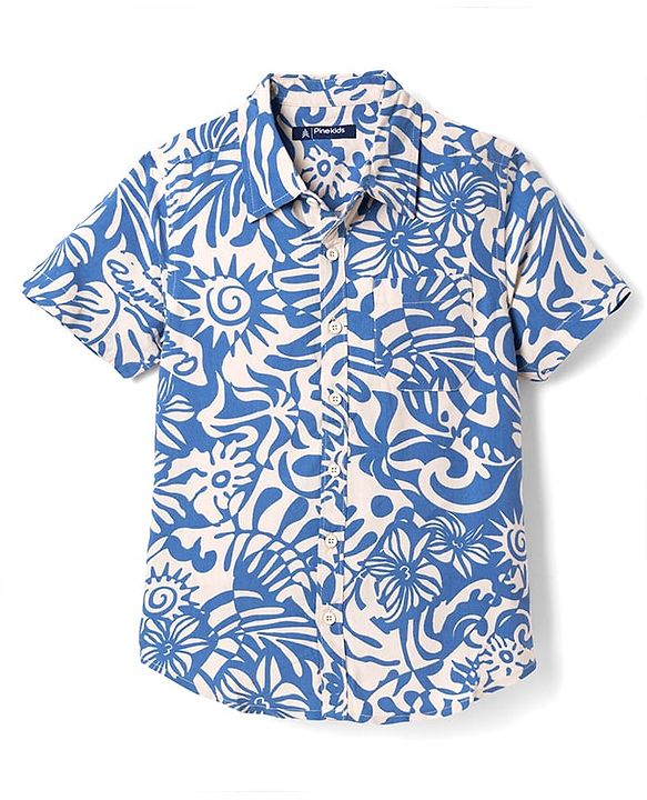 Pine Kids 100% Cotton Woven Half Sleeves Shirt and Denim Shorts with Floral and Sun Print - Blue
