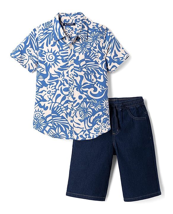 Pine Kids 100% Cotton Woven Half Sleeves Shirt and Denim Shorts with Floral and Sun Print - Blue