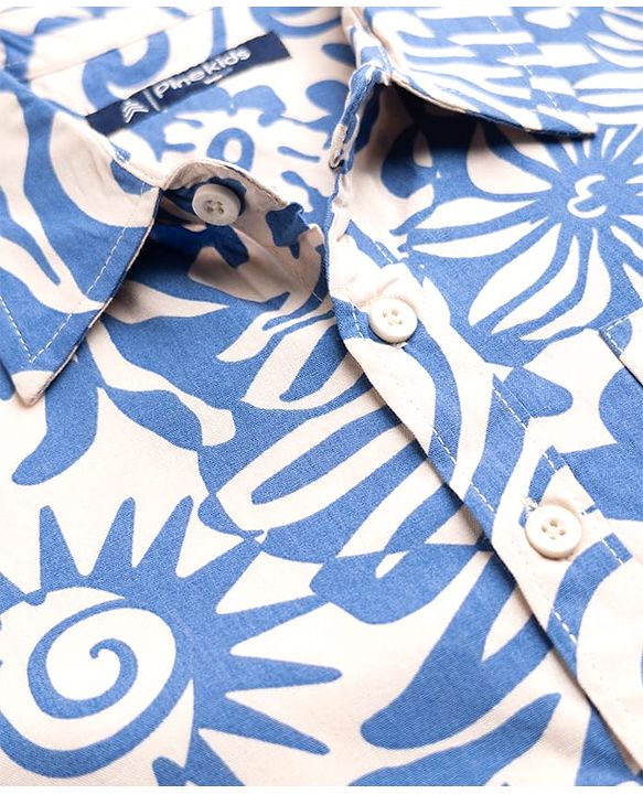 Pine Kids 100% Cotton Woven Half Sleeves Shirt and Denim Shorts with Floral and Sun Print - Blue