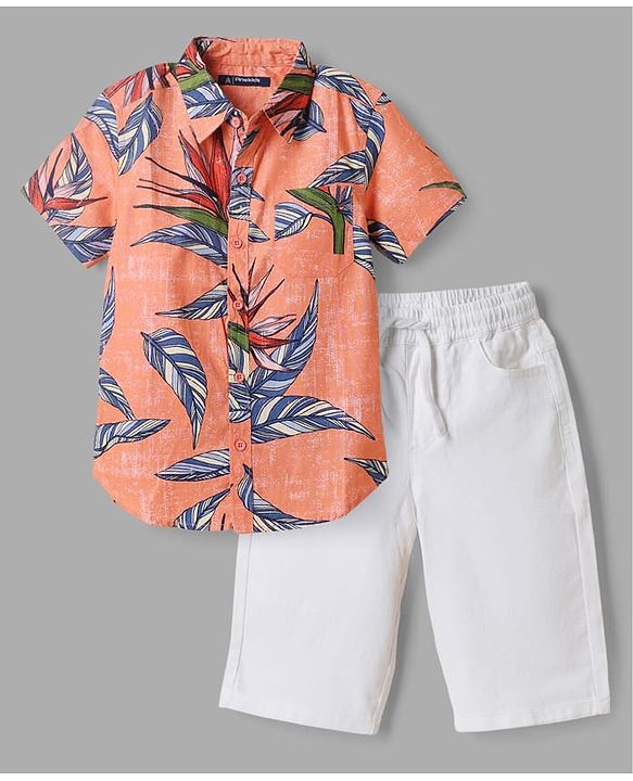 Pine Kids 100% Cotton Woven Half Sleeves Shirt and Shorts with Knee Length and Leaves Print in Orange
