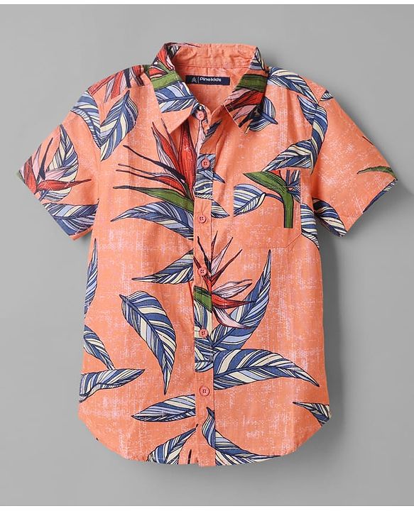 Pine Kids 100% Cotton Woven Half Sleeves Shirt and Shorts with Knee Length and Leaves Print in Orange