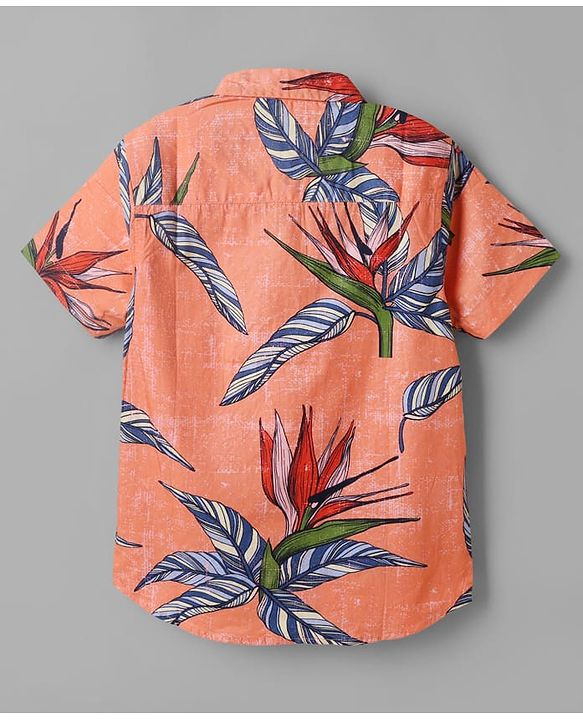 Pine Kids 100% Cotton Woven Half Sleeves Shirt and Shorts with Knee Length and Leaves Print in Orange