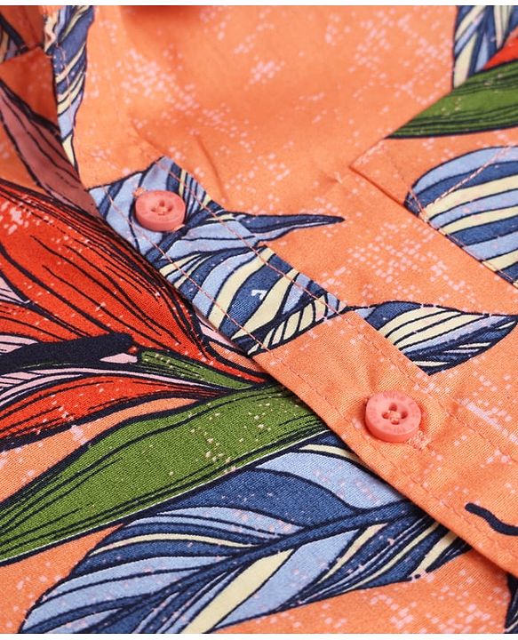 Pine Kids 100% Cotton Woven Half Sleeves Shirt and Shorts with Knee Length and Leaves Print in Orange