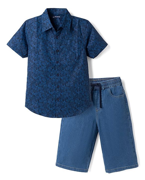 Pine Kids 100% Cotton Woven Half Sleeves Shirt and Denim Shorts with Roses Print - Navy Blue