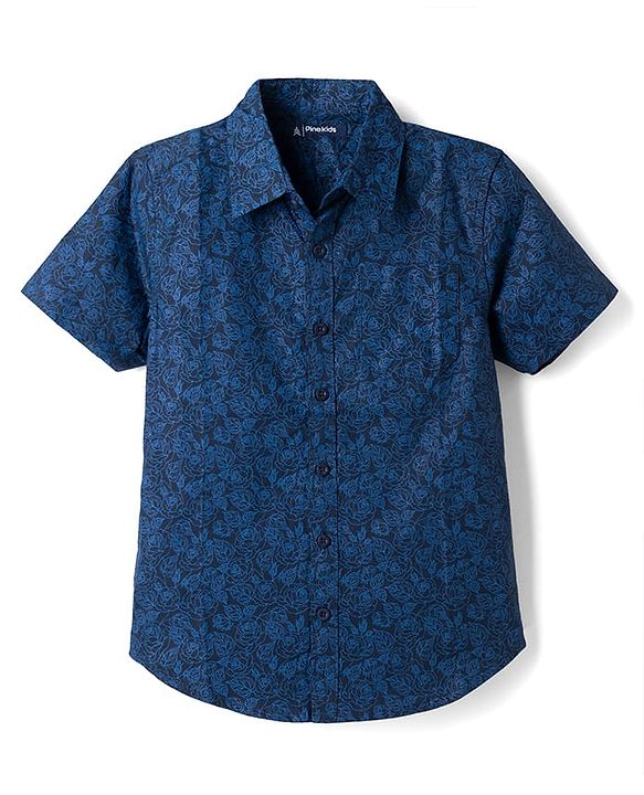 Pine Kids 100% Cotton Woven Half Sleeves Shirt and Denim Shorts with Roses Print - Navy Blue