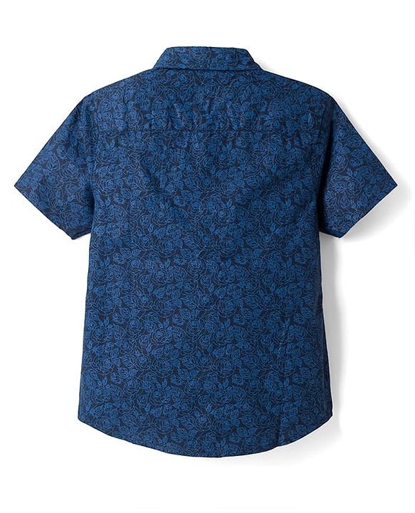Pine Kids 100% Cotton Woven Half Sleeves Shirt and Denim Shorts with Roses Print - Navy Blue