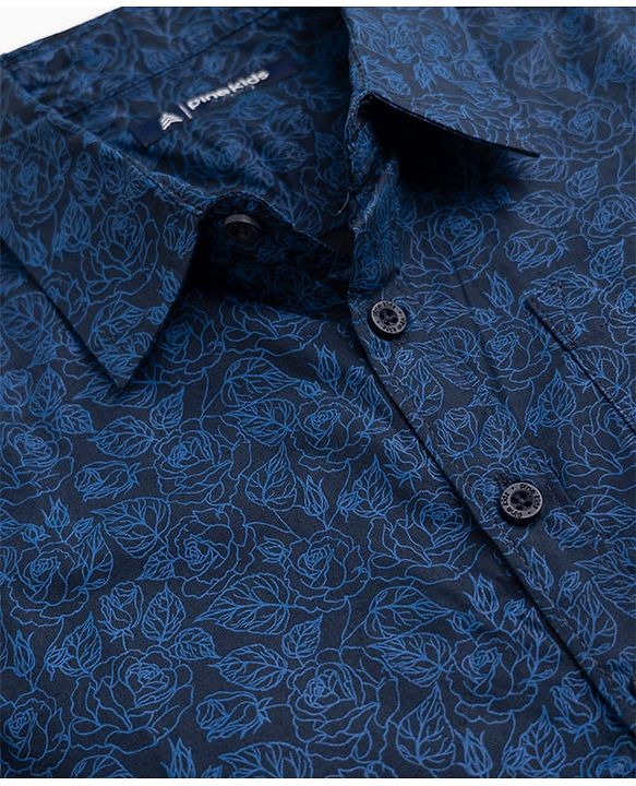 Pine Kids 100% Cotton Woven Half Sleeves Shirt and Denim Shorts with Roses Print - Navy Blue