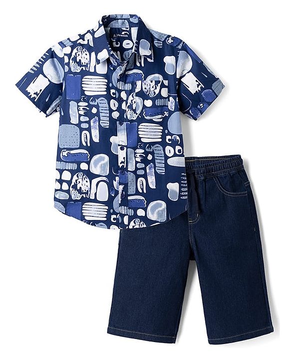 Pine Kids 100% Cotton Woven Half Sleeves Shirt and Denim Shorts with Abstract Print - Dark Blue