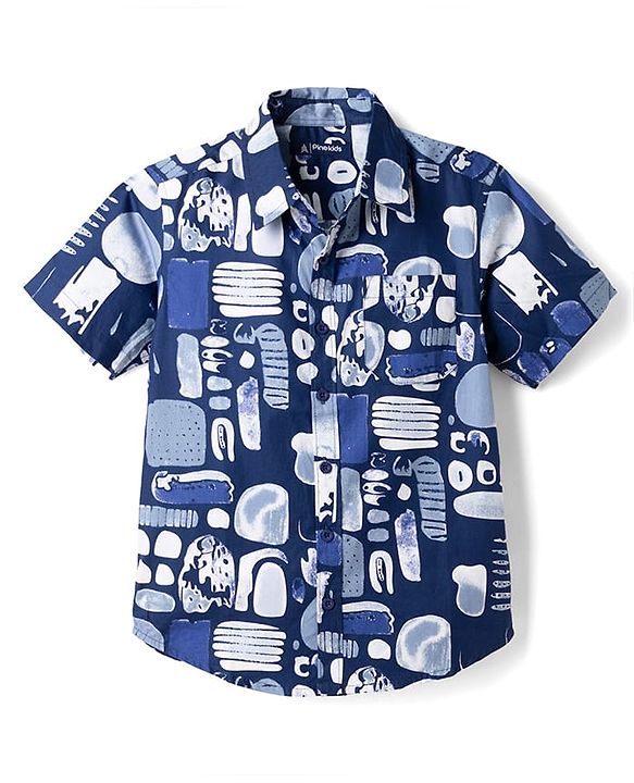 Pine Kids 100% Cotton Woven Half Sleeves Shirt and Denim Shorts with Abstract Print - Dark Blue